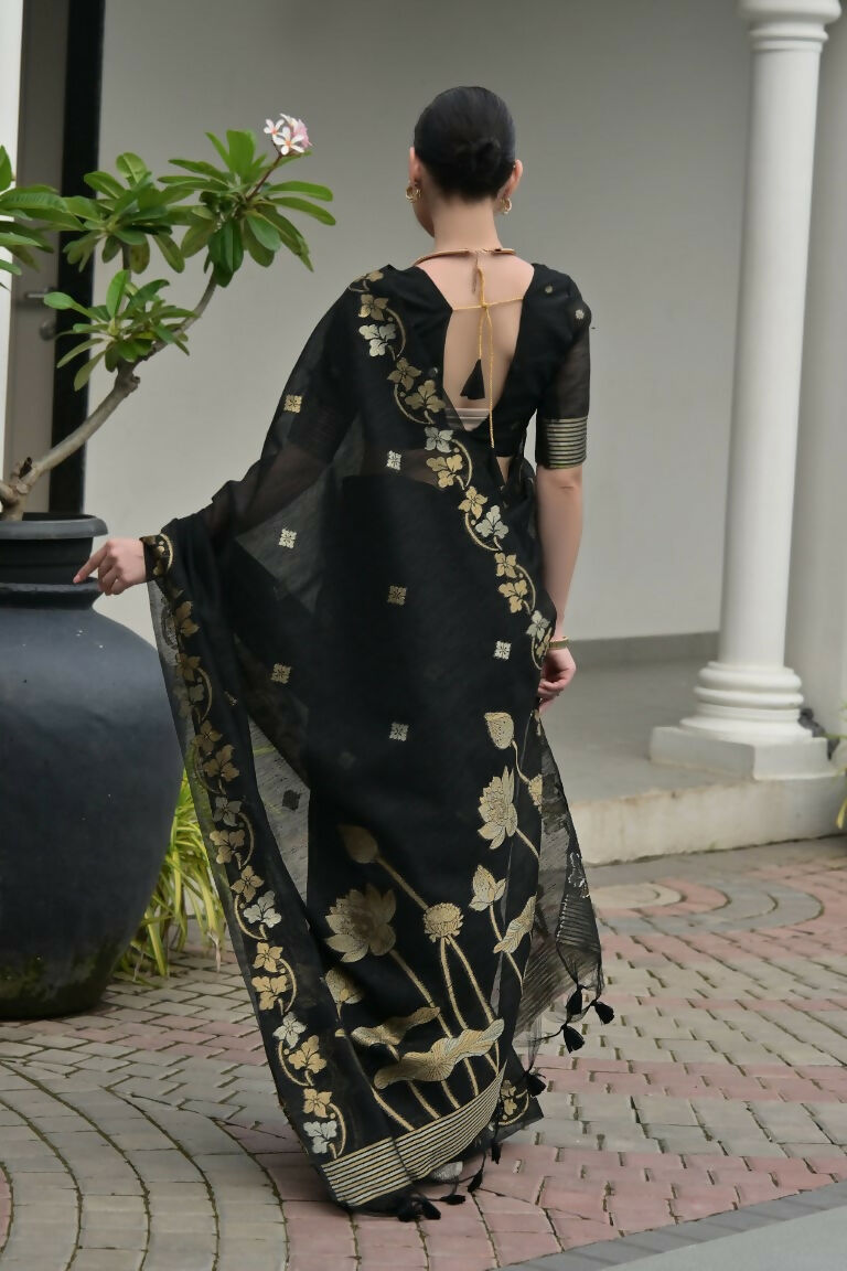 Vishnu Weaves Women's Black Linen Silk Zari Weaving Saree with Blouse