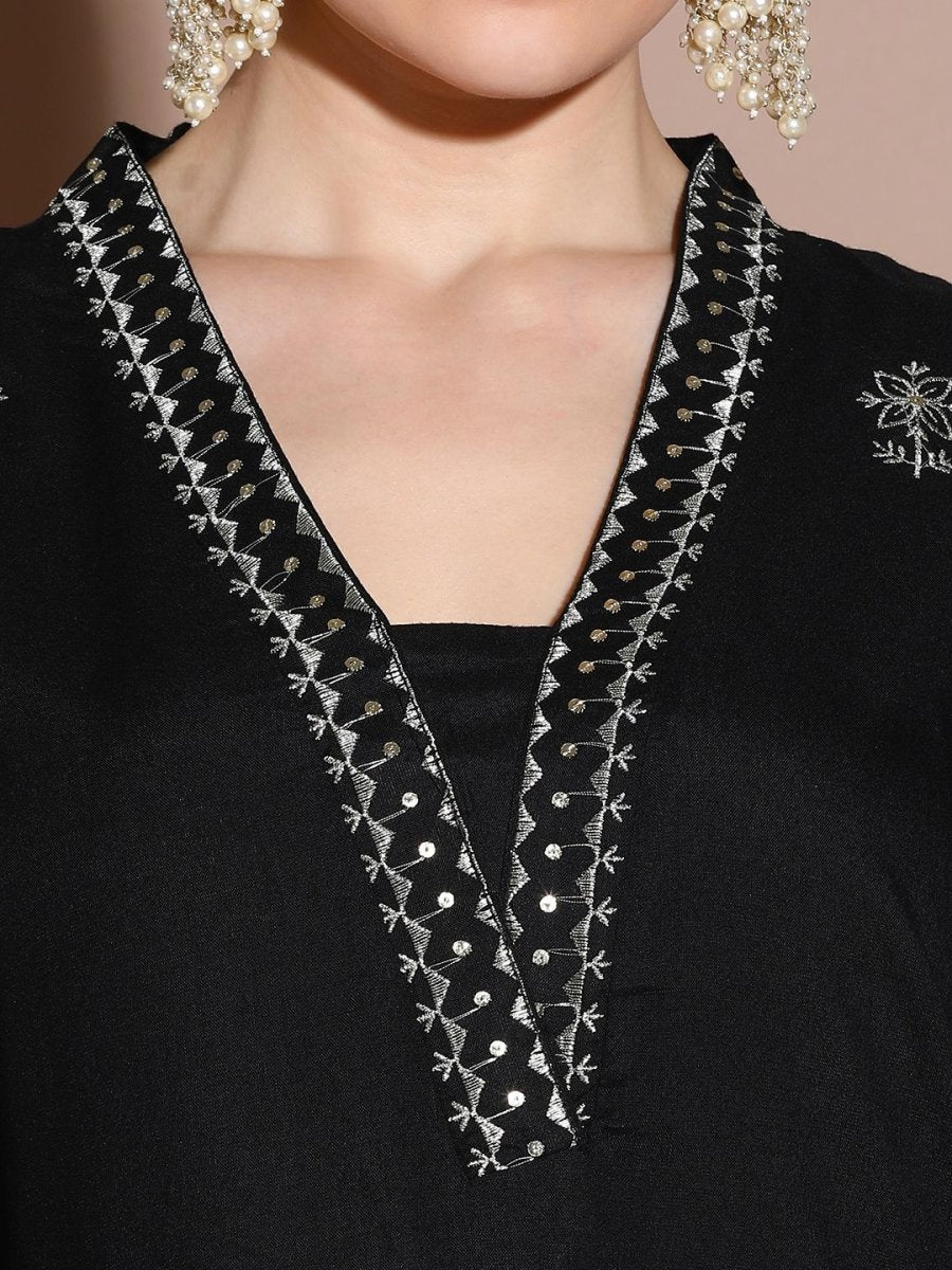 Anouk Floral Embroidered Regular Sequinned Straight Kurta with Palazzos & Dupatta - Distacart