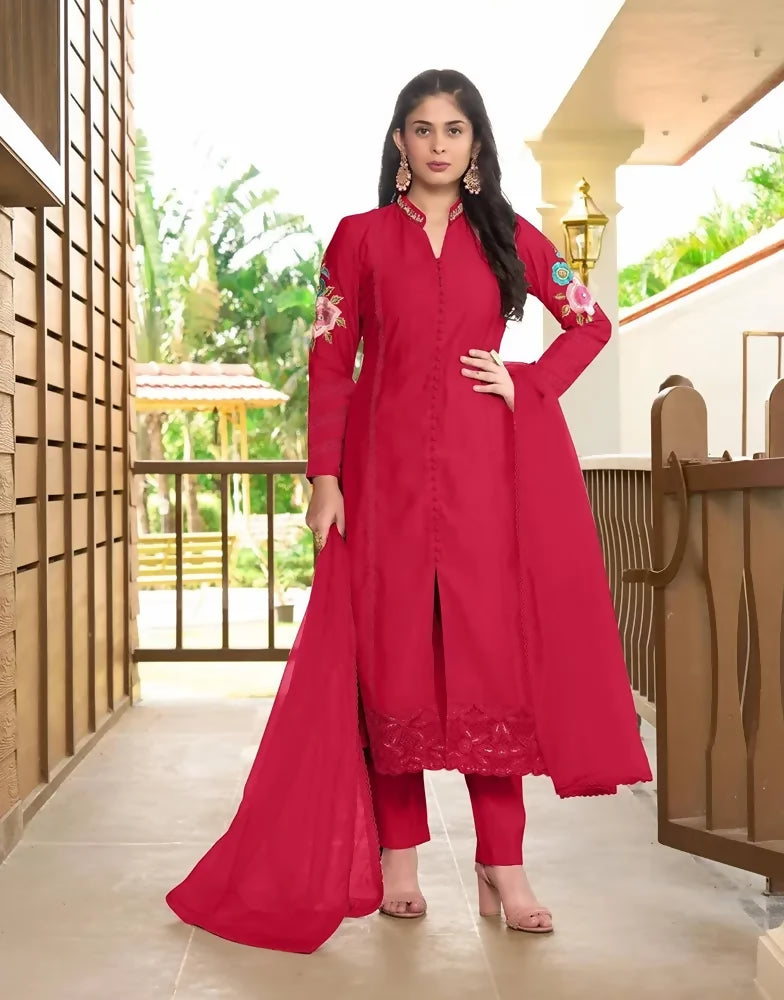 Nikhaar Pink Embroidered Art Silk Straight Cut Readymade Pakistani Suit