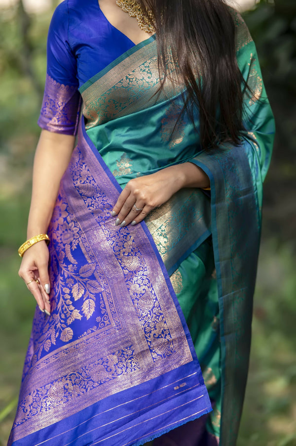Vishnu Weaves Women's Rama Banarasi Silk Saree with Blouse - Distacart