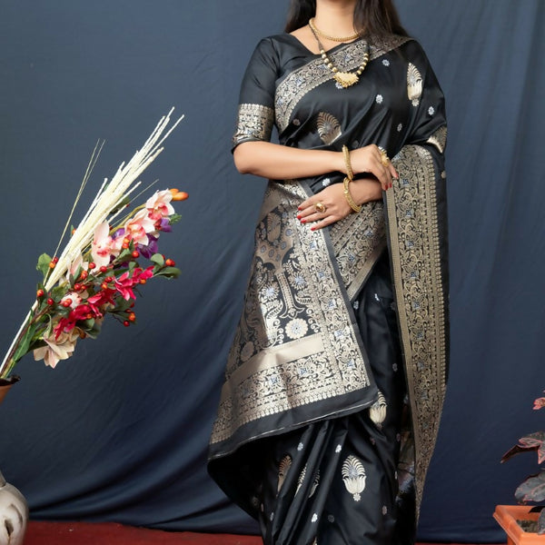 Jyoti Fashion Women's Black Paithani Silk Zari Woven Saree with Blouse - Distacart