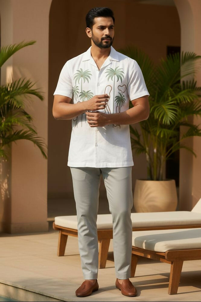 Tansira — White Palm Embroidered Linen Shirt by Hilo Design - Dista