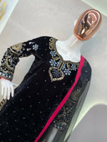 Thumbnail for Vastranavya Black Viscose Velvet Cording Sequence Embroidery Work Suit With Dupatta