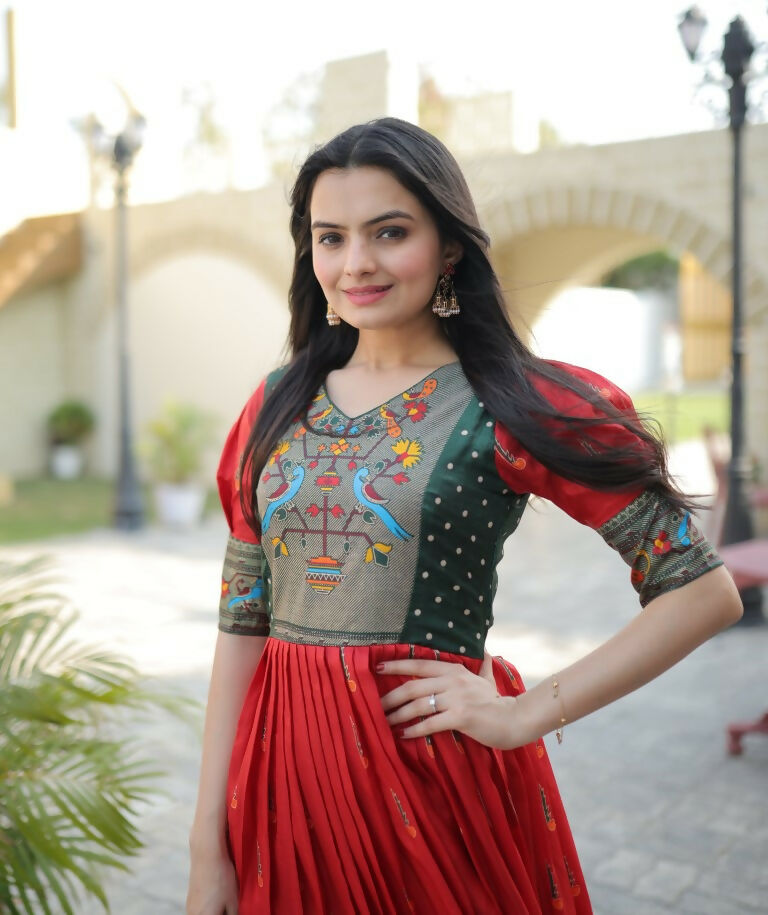 Jyoti Fashion Women's Red Patola with Foil Print Dola Silk Anarkali Dress - Distacart