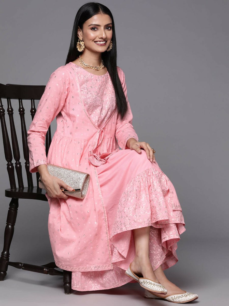 Ahalyaa Pink & Gold Ethnic Printed Layered Front Slit Cotton Anarkali Kurta Palazzos - Distacart