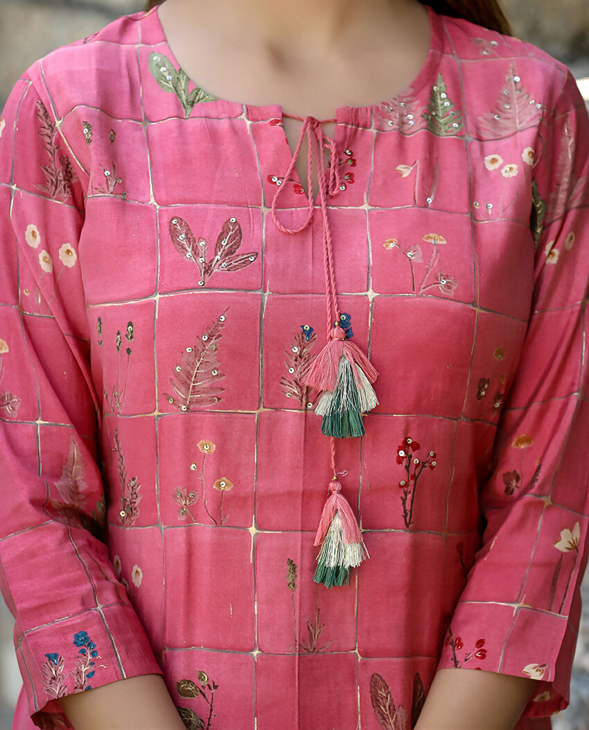 Kaajh Women's Pink Floral Printed Modal Silk Kurta Pant Set - Distacart