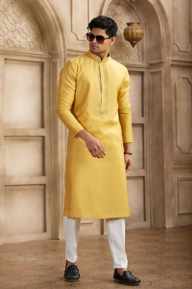 Raivat Ethnic Banarasi Art Silk Mirror Work Kurta Pajama In Rust Colour