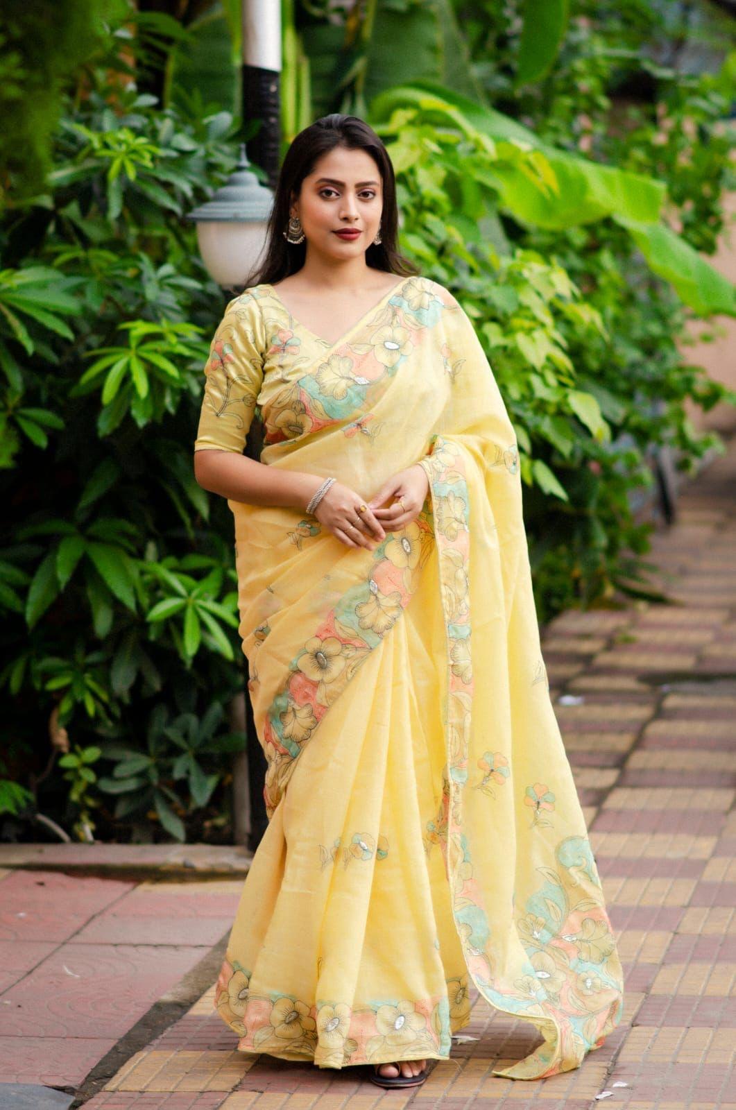 Yellow Pure Linen Ethnic Motifs Saree with Unstitched Blouse - A2M - Distacart
