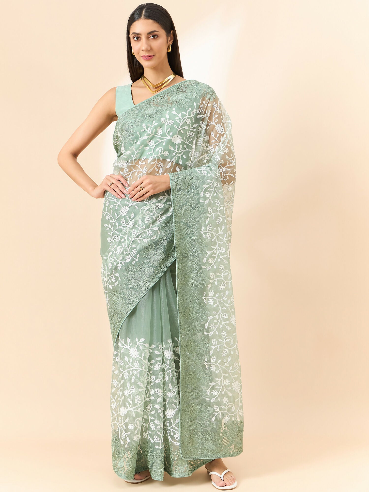 Green Organza Floral Embroidered Saree with Unstitched Blouse Piece - Roozal - Distacart