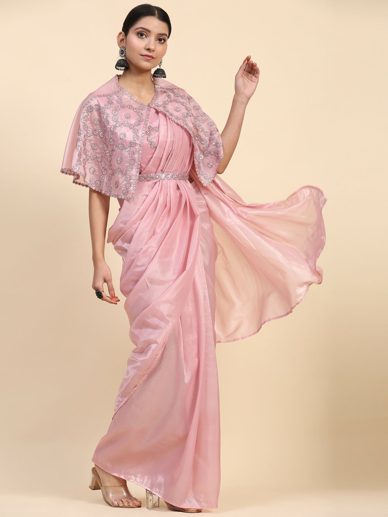 Pink Satin Solid Ready to wear Saree with stitched Blouse - Vanita - Distacart