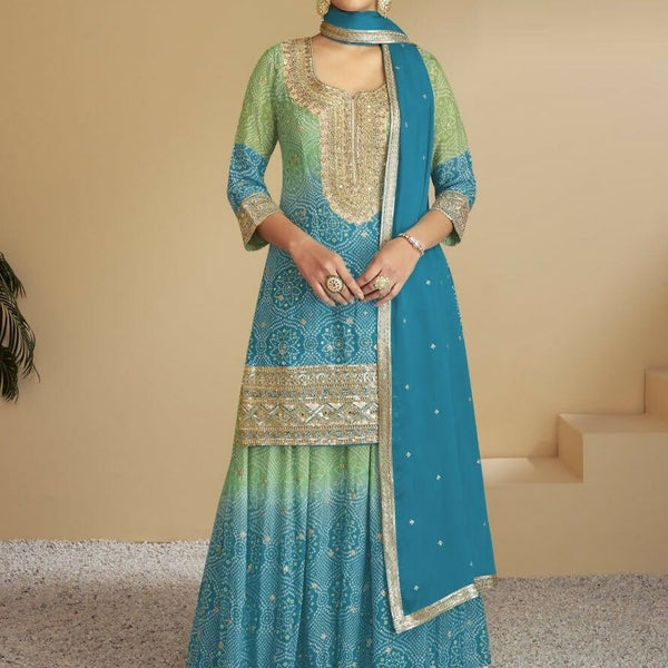 Anaita Blue Digital print with Embroidered Silk Stitched Plazo Suit