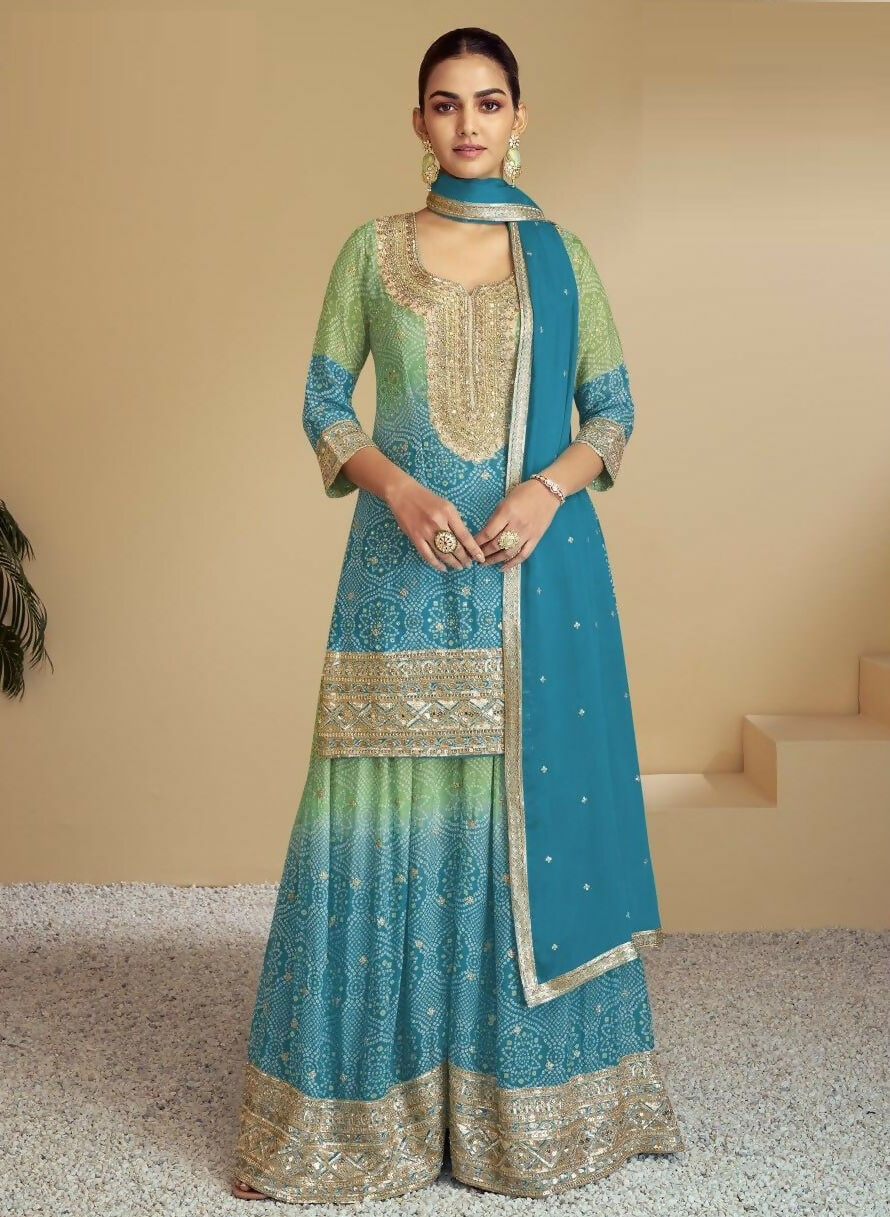 Anaita Blue Digital print with Embroidered Silk Stitched Plazo Suit