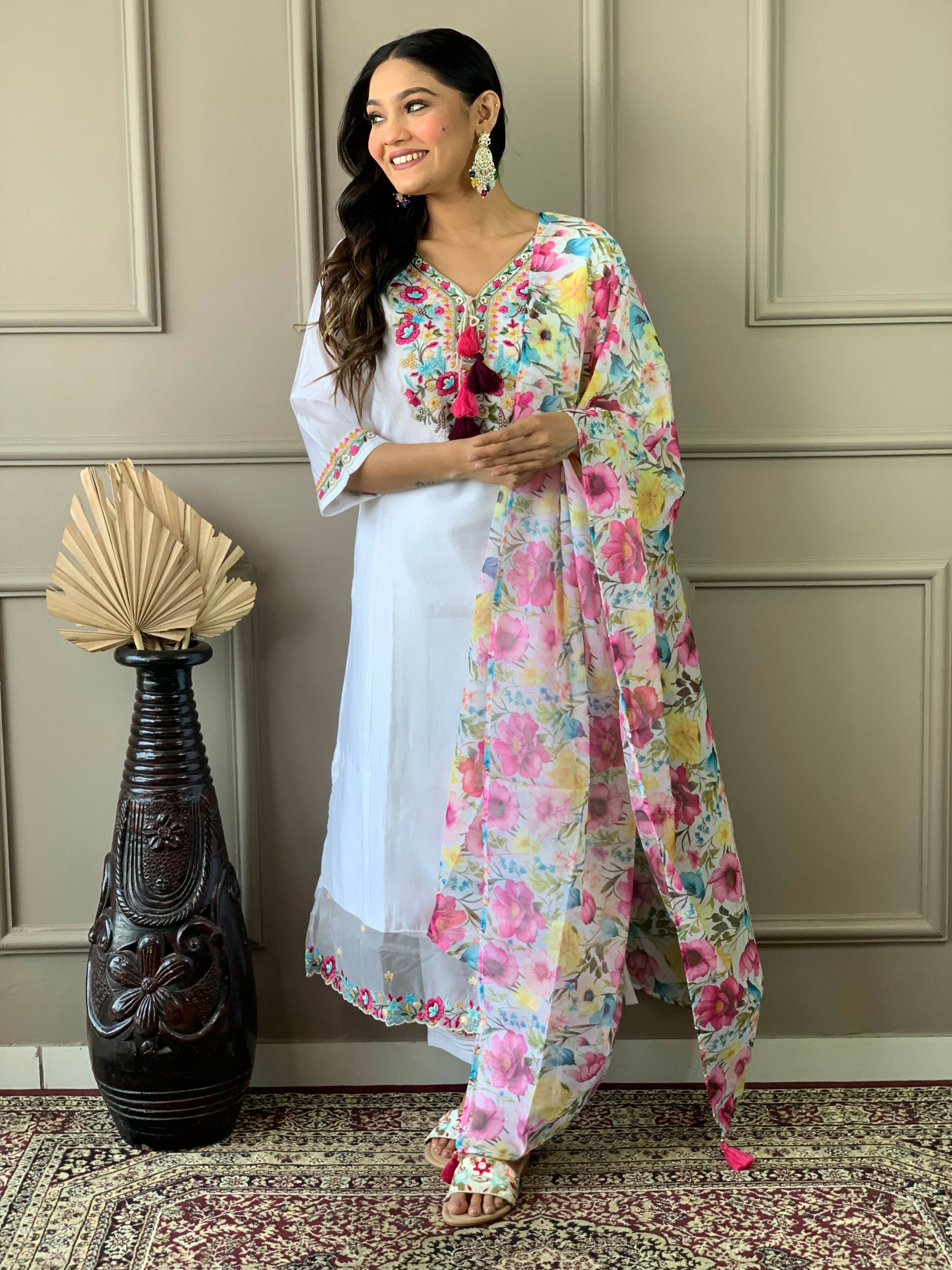 Partywear Designer Chanderi With Cotton Lining White Stitched Suit With Dupatta - Tanisha - Distacart