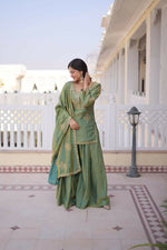 Thumbnail for Teeya Creation Womens New Stylish Fendi Crush With Zari Sequins Embroidered Work Kurta Set - Dista
