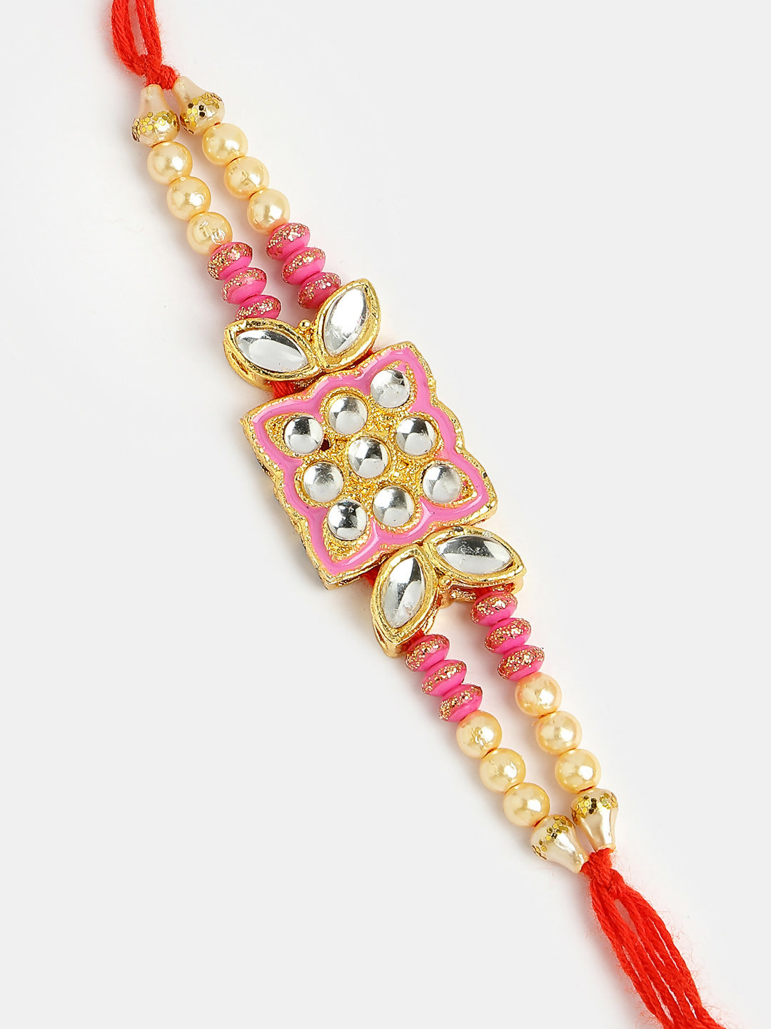 NVR Men Pink & Gold-Toned Kundan-Studded Rakhi With Roli Chawal & Chocolate - Distacart