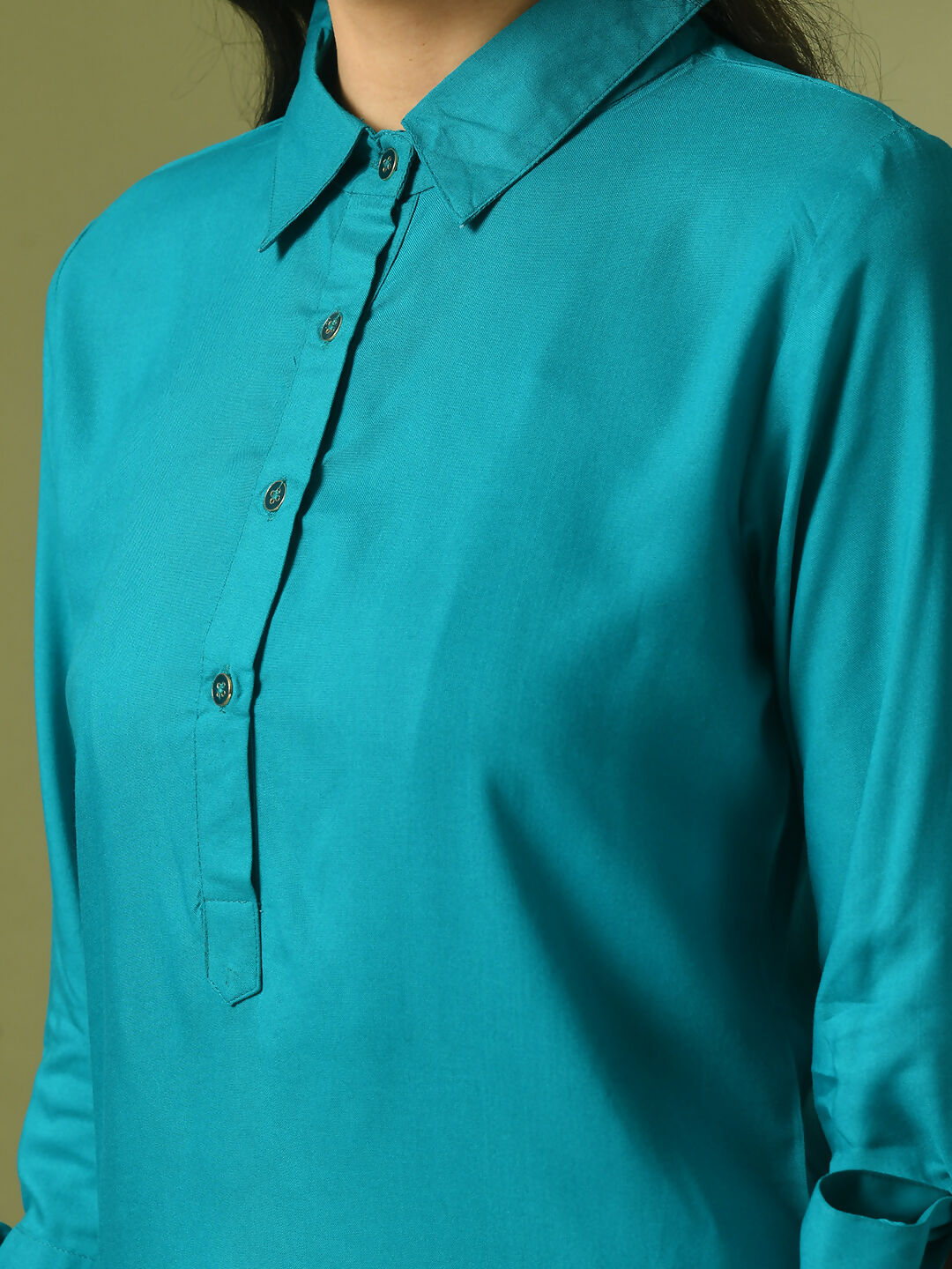 Myshka Women's Turquoise Blue Solid Cotton Longline Party Sheer Tunic - Distacart