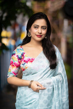 Thumbnail for Blue Poly Crepe Ethnic Motifs Saree with Unstitched Blouse - Hiral Fashion - Distacart