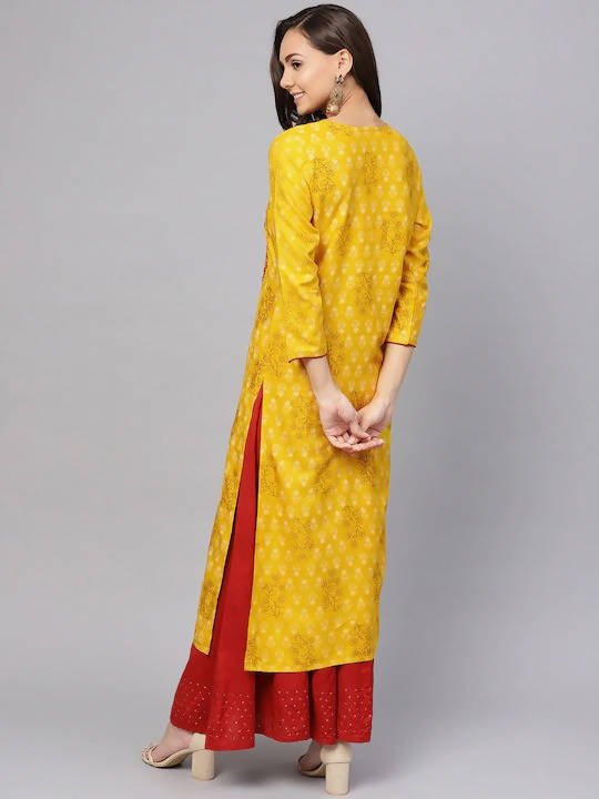 Anubhutee Mustard Yellow & Brown Screen Printed Straight Kurta - Distacart