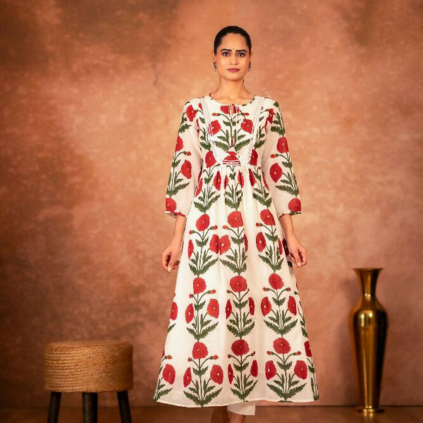 Joban Fashion Red Rose Floral Hand Block Printed Cotton Kurta Pant Set - Distacart