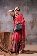 Thumbnail for Vastranavya Red Satin Silk Printed Saree with a Natural Silk Unstitched Blouse - Distacart