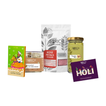 Sorich Organics Rose powder, Caramalised Cracker, Thandai Milk, Phool gulal & Holi card - Distacart