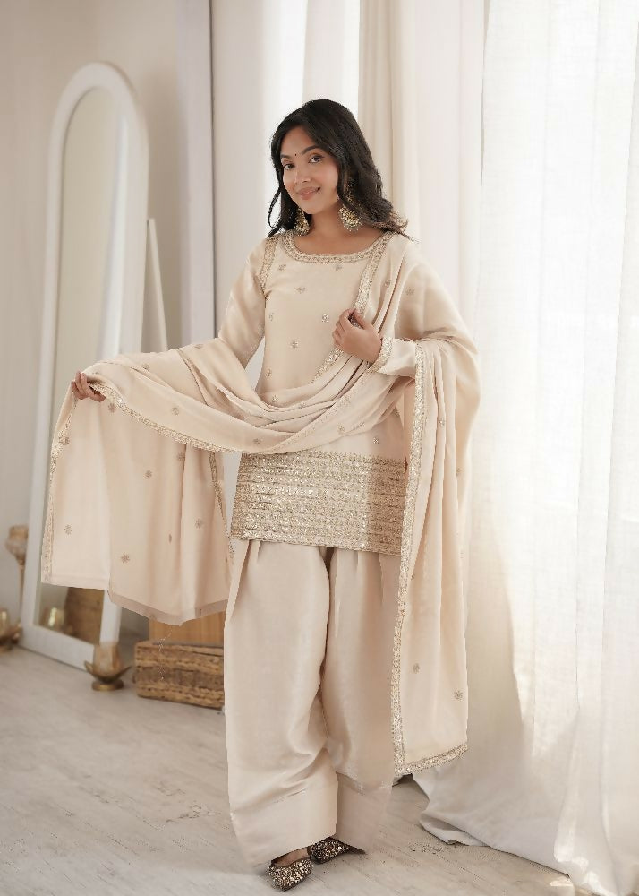 Teeya Creation Beige Silk Embroidered Kurta Salwar Suit Set With Dupatta - Dista