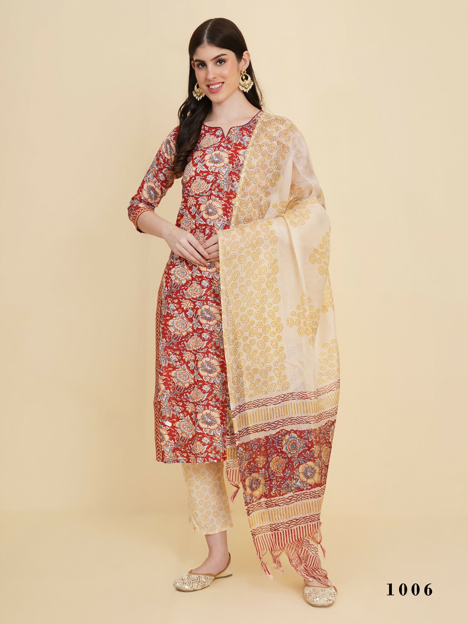 Designer Stylish red Cotton Stitched Suit With Dupatta - Tanisha - Distacart
