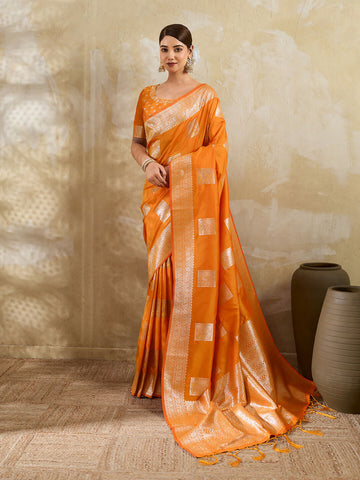 Shree Shyam Fashion Orange Silk Blend Saree - Distacart