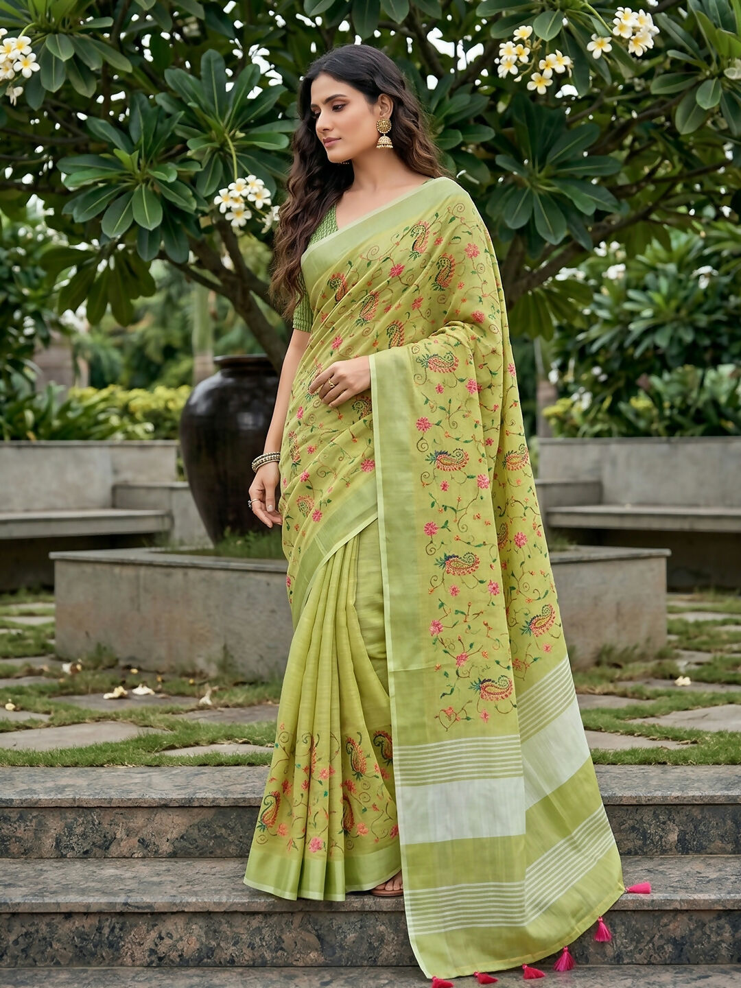 Shree Shyam Fashion Yellow Green Linen Saree - Dista