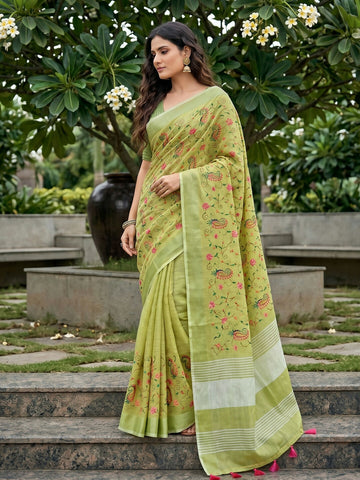 Shree Shyam Fashion Yellow Green Linen Saree - Dista