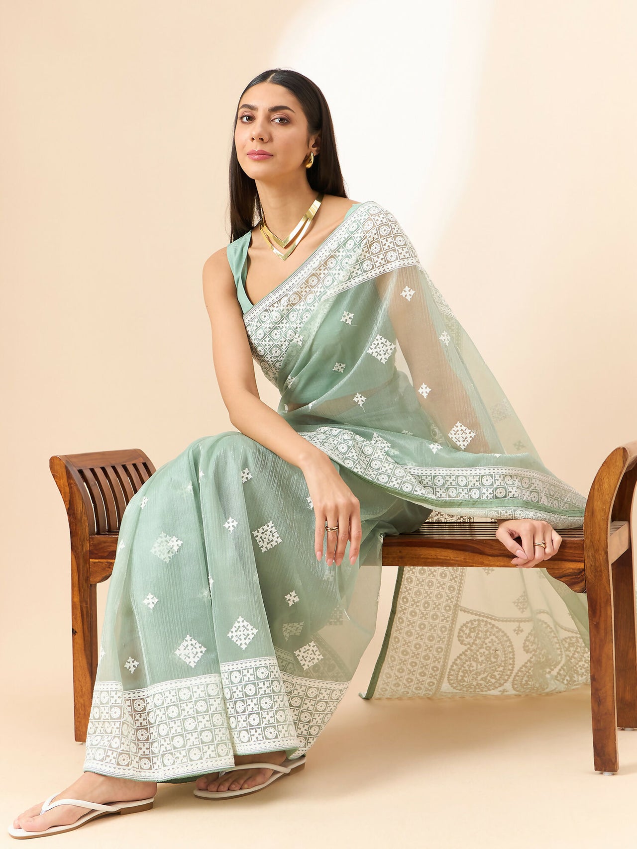 Green Organza Geometric Embroidered Saree with Unstitched Blouse Piece - Roozal - Distacart