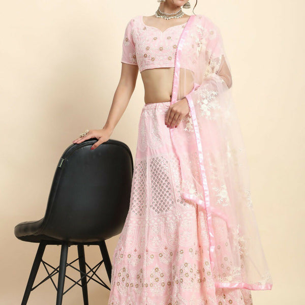Jyoti Fashion Stunning Baby Pink Faux Georgette 3MM Sequins with Thread & Jari Embroidery Lehenga Choli with Dupatta - Distacart