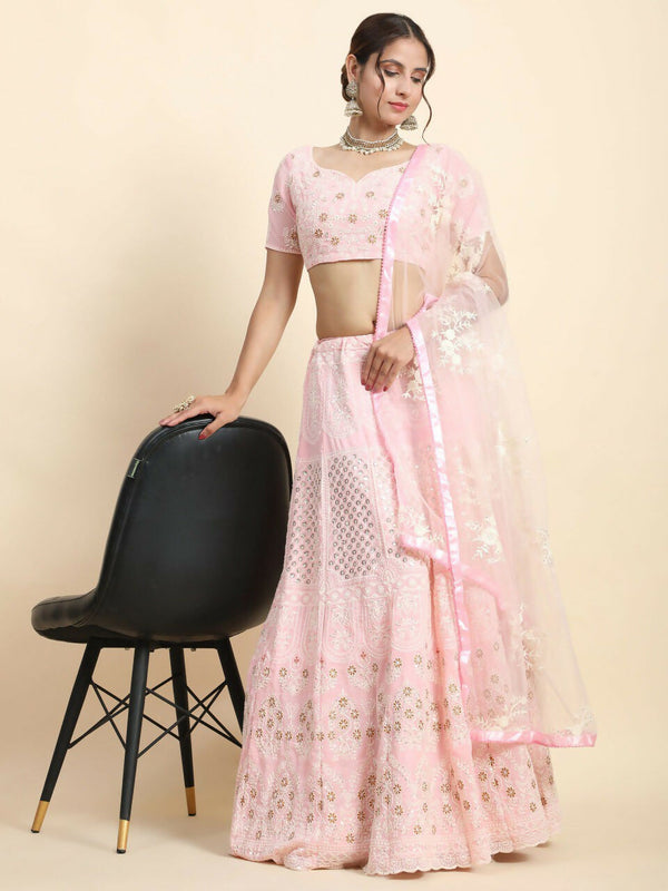Jyoti Fashion Stunning Baby Pink Faux Georgette 3MM Sequins with Thread & Jari Embroidery Lehenga Choli with Dupatta - Distacart
