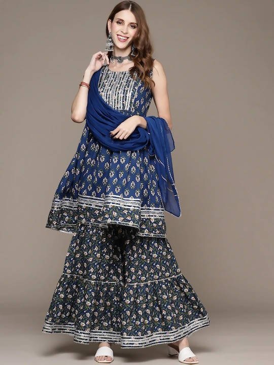 Anubhutee Blue Floral Printed Pure Cotton Kurta with Sharara & With Dupatta - Distacart