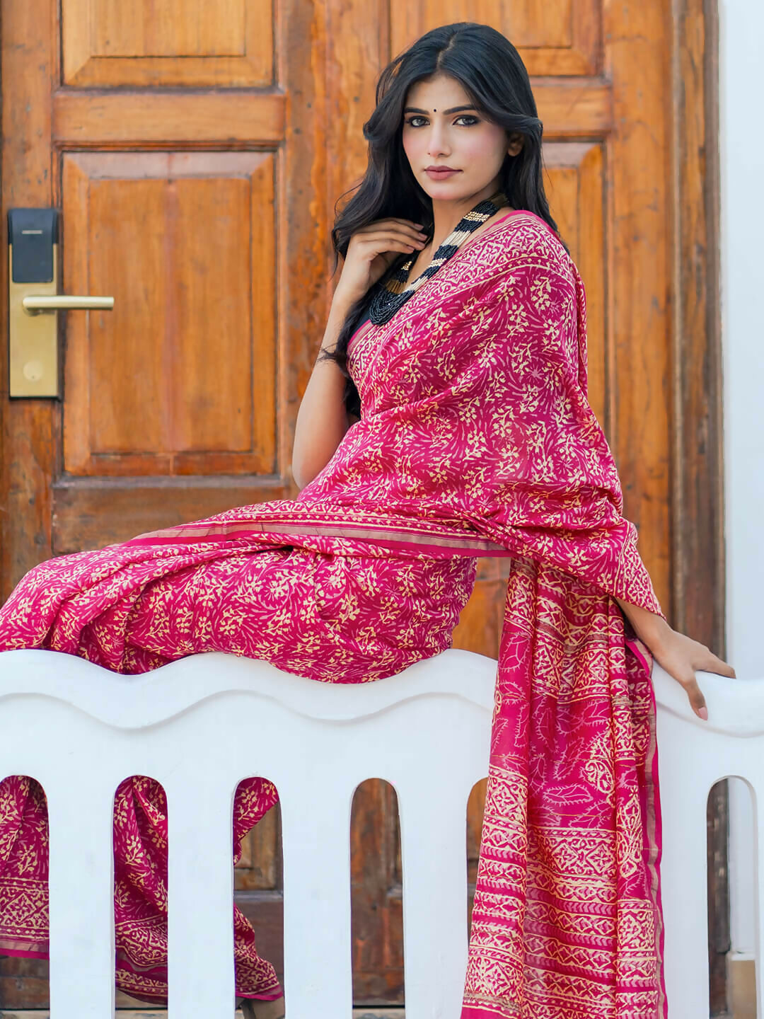 Zibaa Hand-Blocked Pure Chanderi Silk Pink Saree
