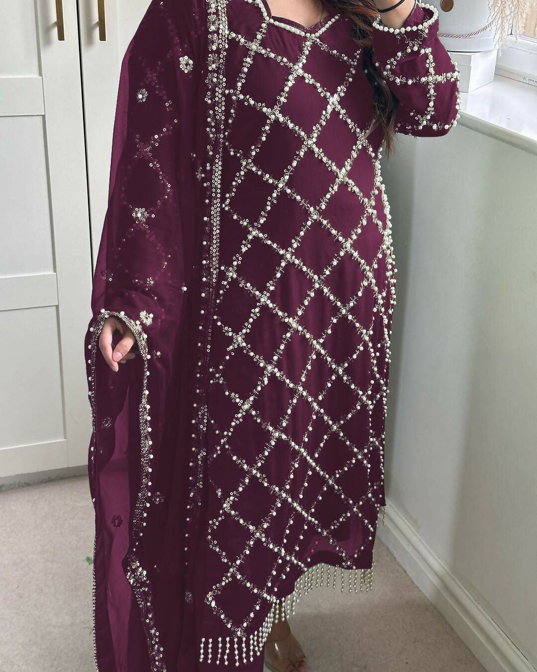 Preksha Creation Indian Festival Special Women Faux Georgette Sequence Embroidered Work Top And Pant With Dupatta - Purple - Distacart