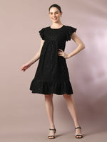 Thumbnail for Myshka Women's Black Embroidered Cotton Round Neck A-Line Party Dress - Distacart