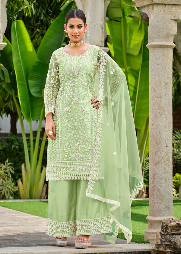 Pista Green Stone & Cording Work Festive Palazzo Suit - Emponline - Distacart