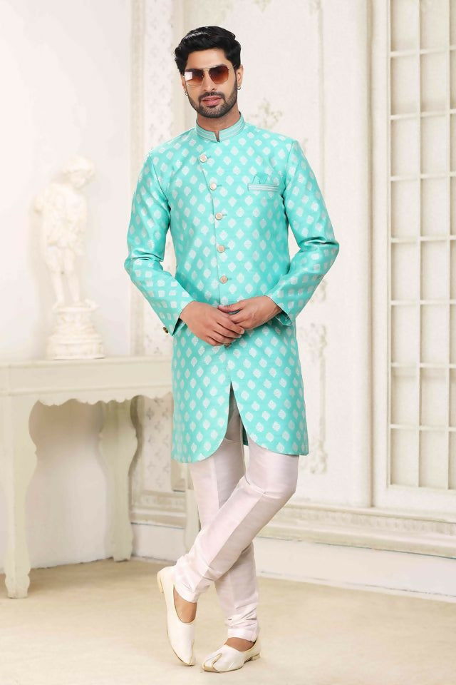 Raivat Ethnic Banarasi Jacquard Embroidery Semi Indo Western Sherwani In Green Colour