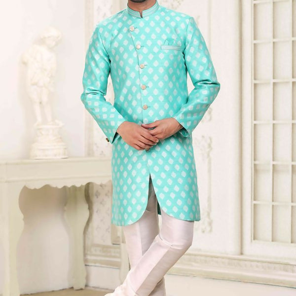 Raivat Ethnic Banarasi Jacquard Embroidery Semi Indo Western Sherwani In Green Colour - Distacart