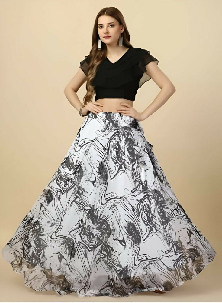 Dishitha Creation Printed Stitched Lehenga & Crop Top - Black & White - Distacart