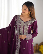 Thumbnail for Joban Fashion Wine Kurta Set Silk Sequins , Zari, Coding & Thread Embroidered work - Distacart