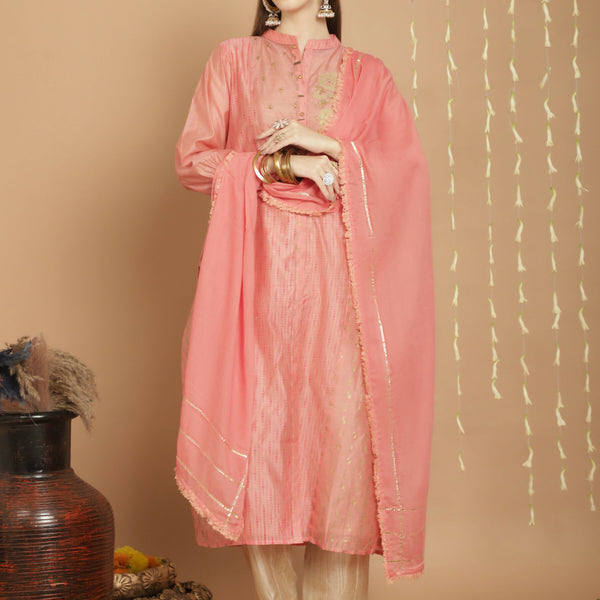 Jyoti Fashion Women's Peach Chanderi Silk Elegant Jardoshi Semi Kurta with Trouser & Dupatta - Distacart