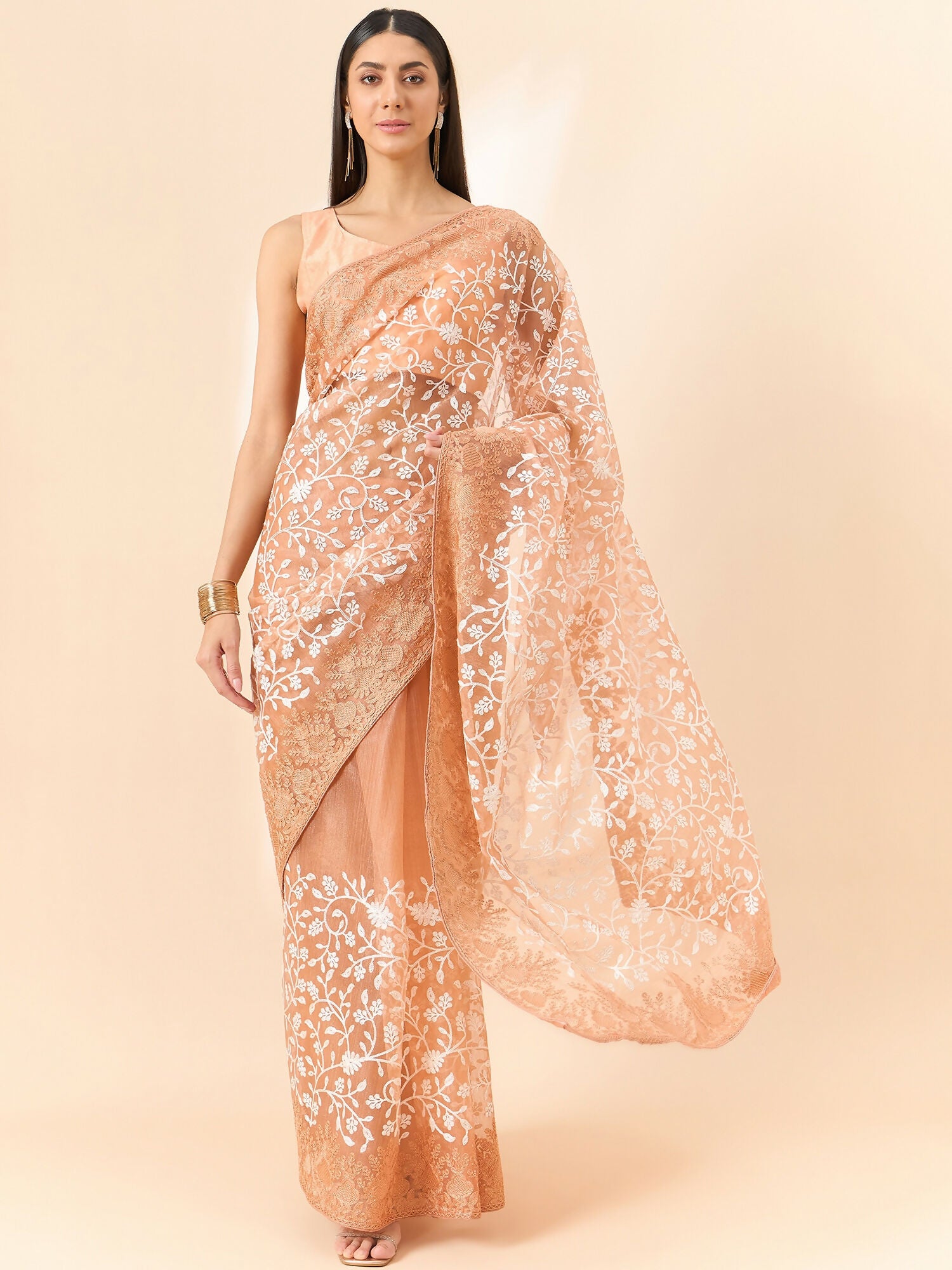 Peach Organza Floral Embroidered Saree with Unstitched Blouse Piece - Roozal - Distacart