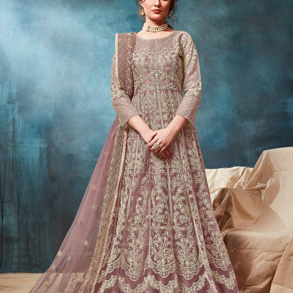 Anaita Light_Brown Embroidered Net Anarkali Suit - Distacart