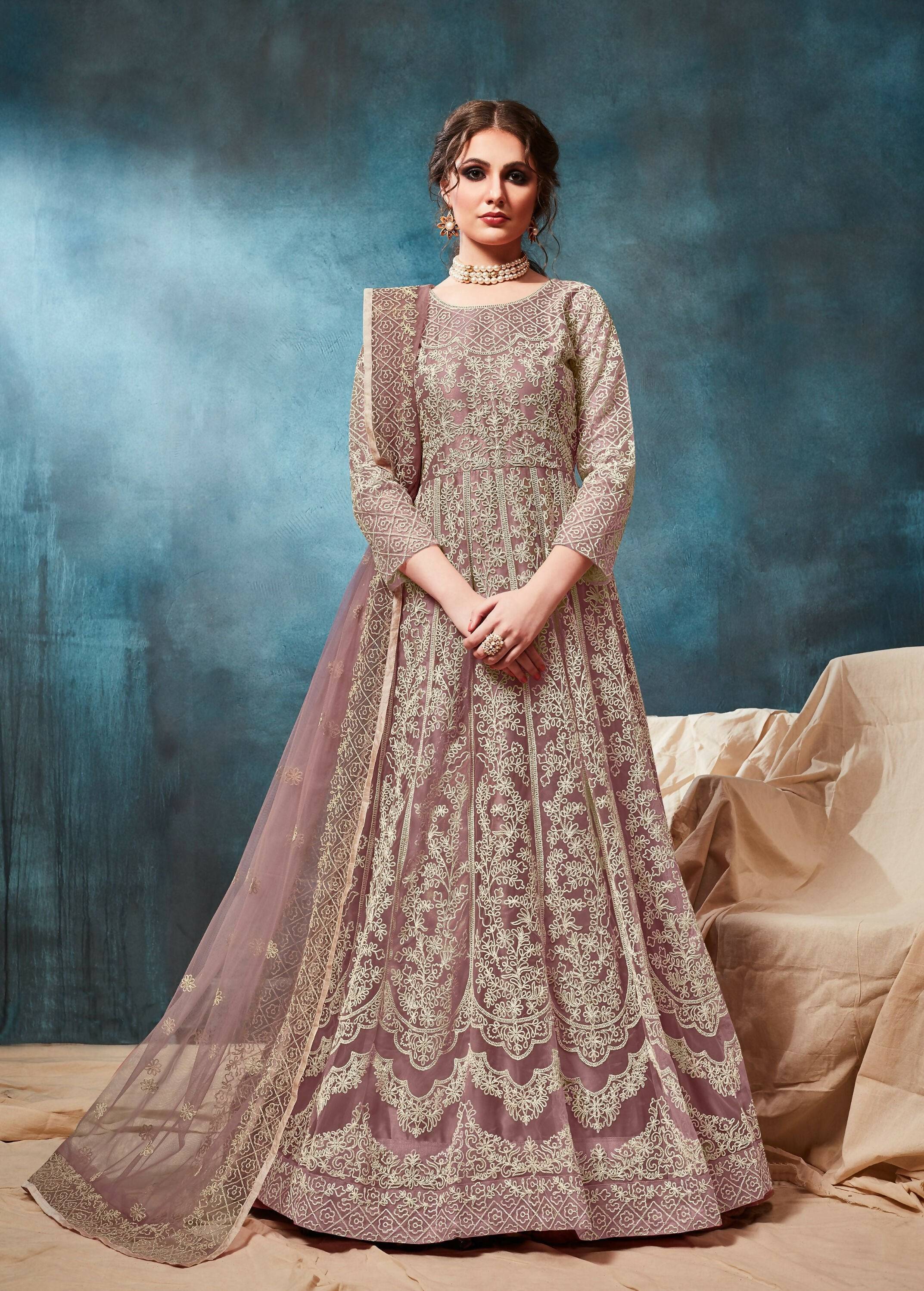 Anaita Light_Brown Embroidered Net Anarkali Suit - Distacart