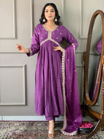 Thumbnail for Partywear Designer BSY Viscose Purple Stitched Suit With Dupatta - Tanisha - Distacart
