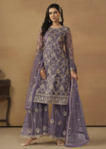 Thumbnail for Dusty Purple Net Embroidered Wedding Festive Gharara Suit - Emponline - Distacart
