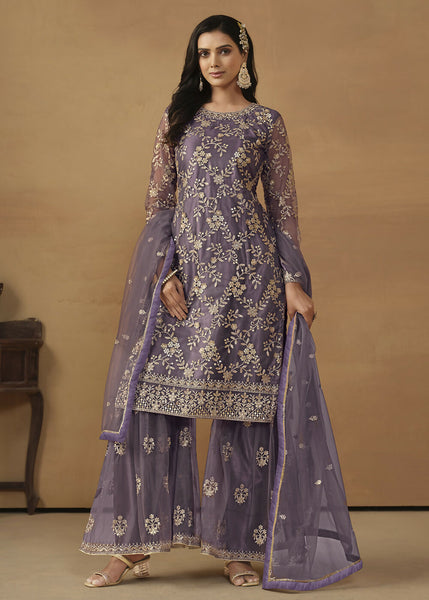 Dusty Purple Net Embroidered Wedding Festive Gharara Suit - Emponline - Distacart