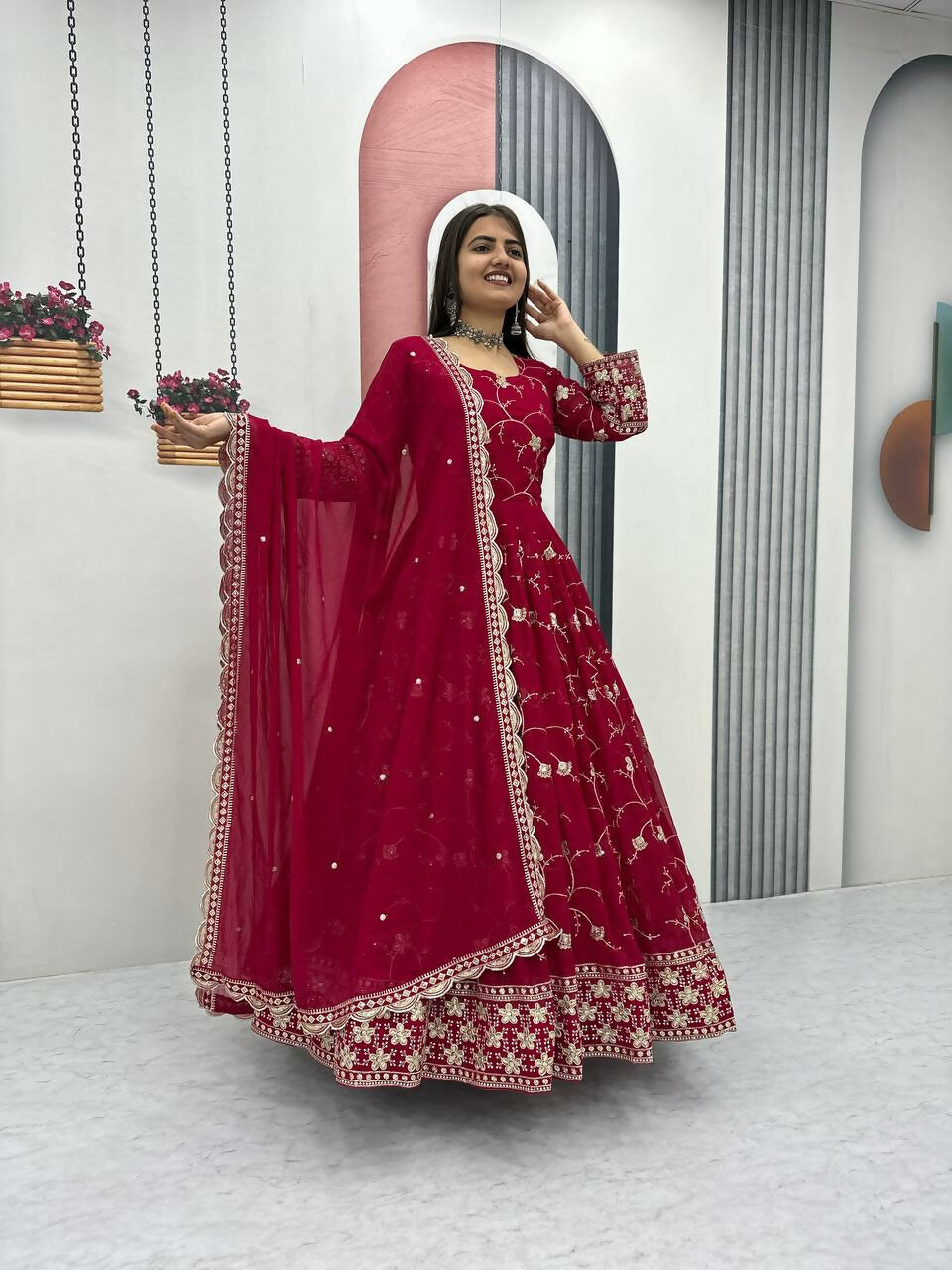 Teeya Creation Womens New Heavy Fox Georgette Fabric With Heavy Embroidery Wrok Kurta Set - Dista